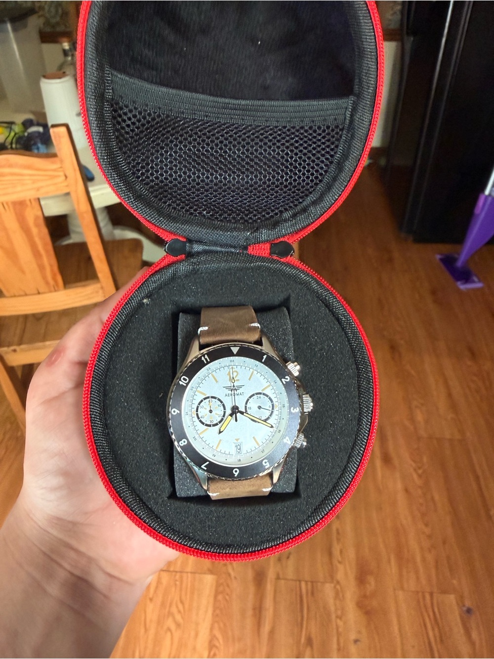 Brown Leather Strap Chronograph Watch with Silver Case and White Dial